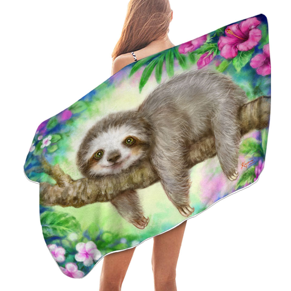 Cute Animal Drawing Sloth Beach Towels