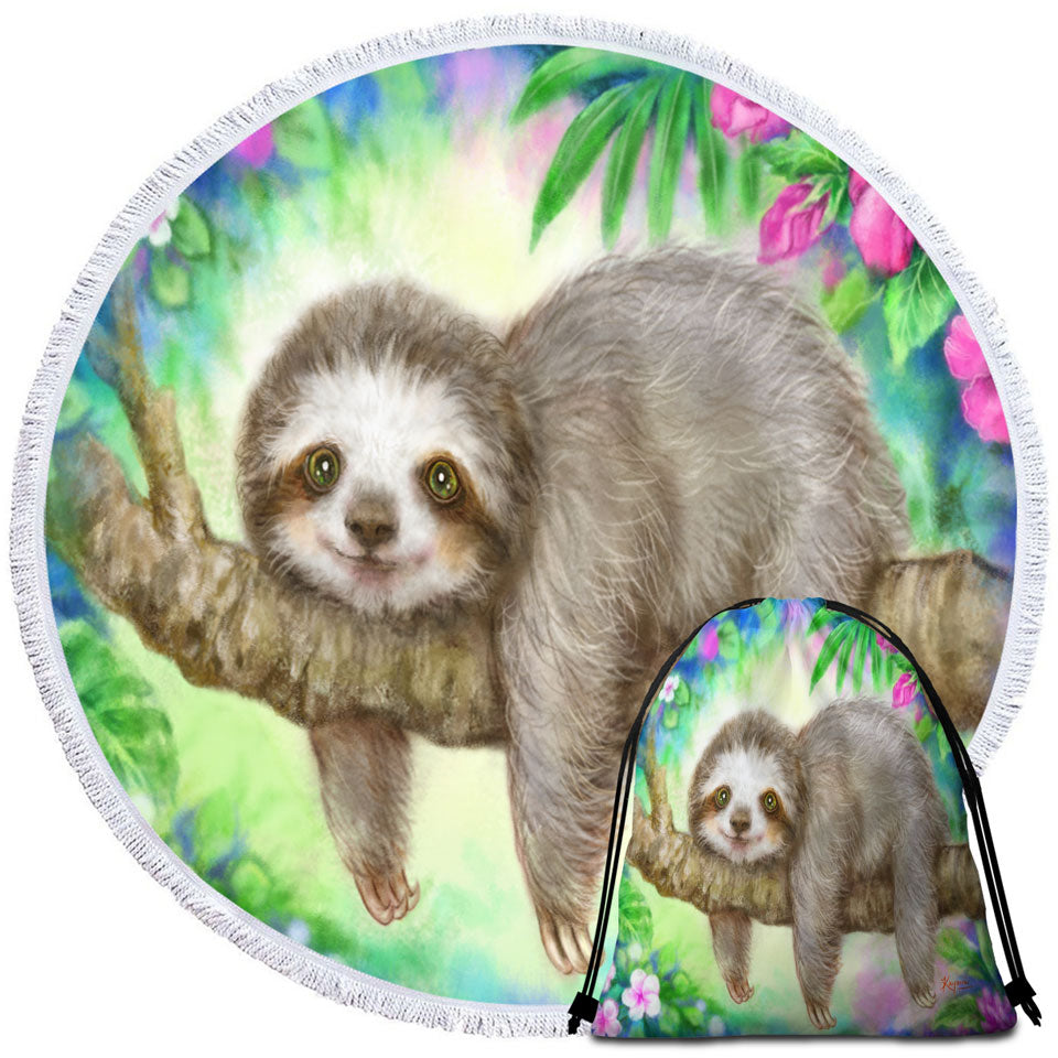 Cute Animal Drawing Sloth Circle Beach Towel