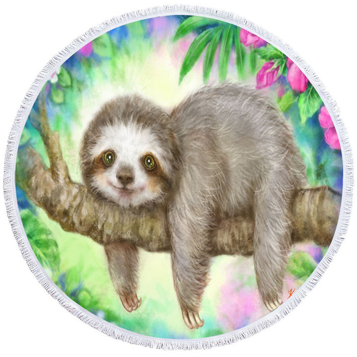 Cute Animal Drawing Sloth Round Beach Towel