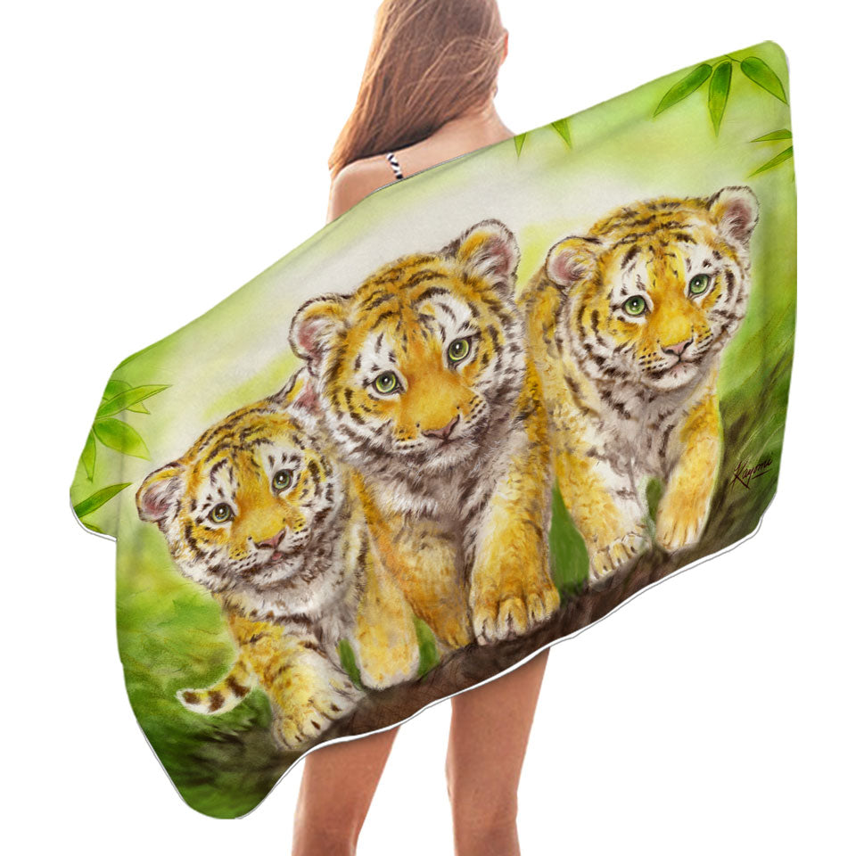 Cute Animal Drawings Three Brothers Tiger Cubs Beach Towels