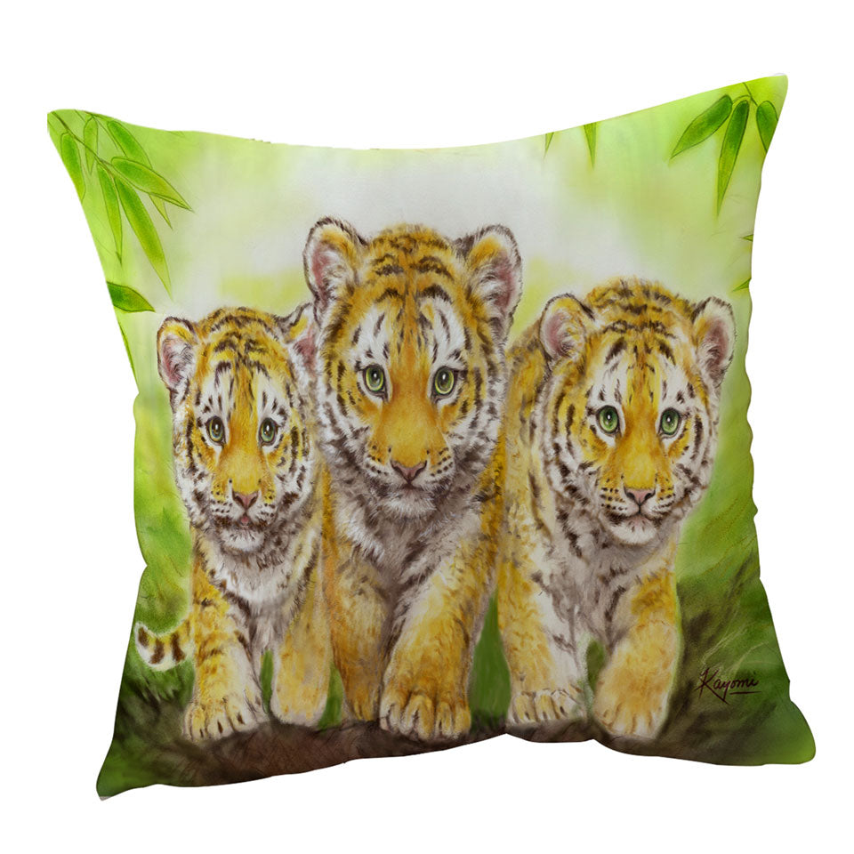 Cute Animal Drawings Three Brothers Tiger Cubs Cushion Cover