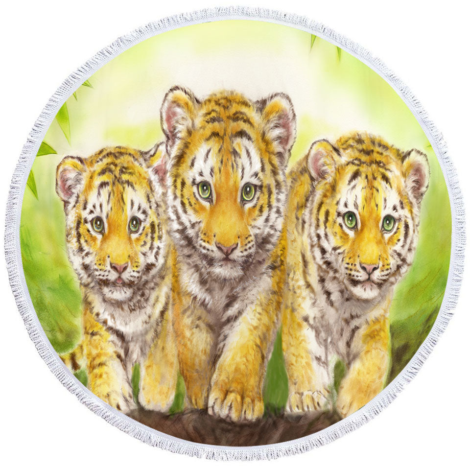 Cute Animal Drawings Three Brothers Tiger Cubs Lightweight Beach Towel
