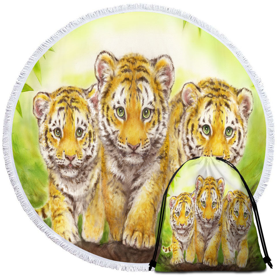 Cute Animal Drawings Three Brothers Tiger Cubs Round Beach Towel