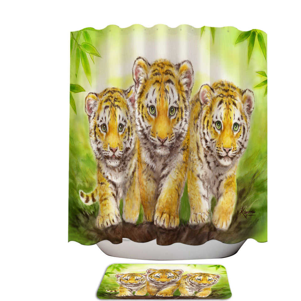 Cute Animal Drawings Three Brothers Tiger Cubs Shower Curtains for Sale