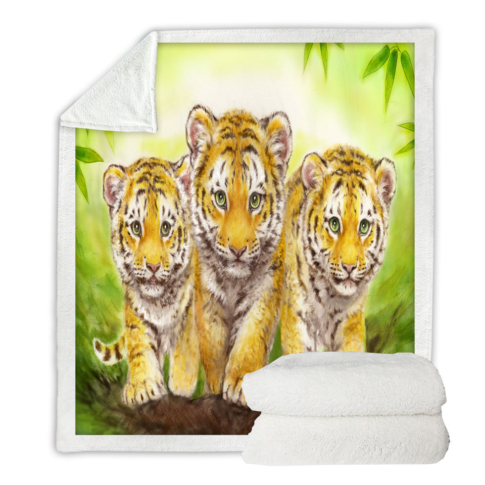 Cute Animal Drawings Three Brothers Tiger Cubs Throw Blanket