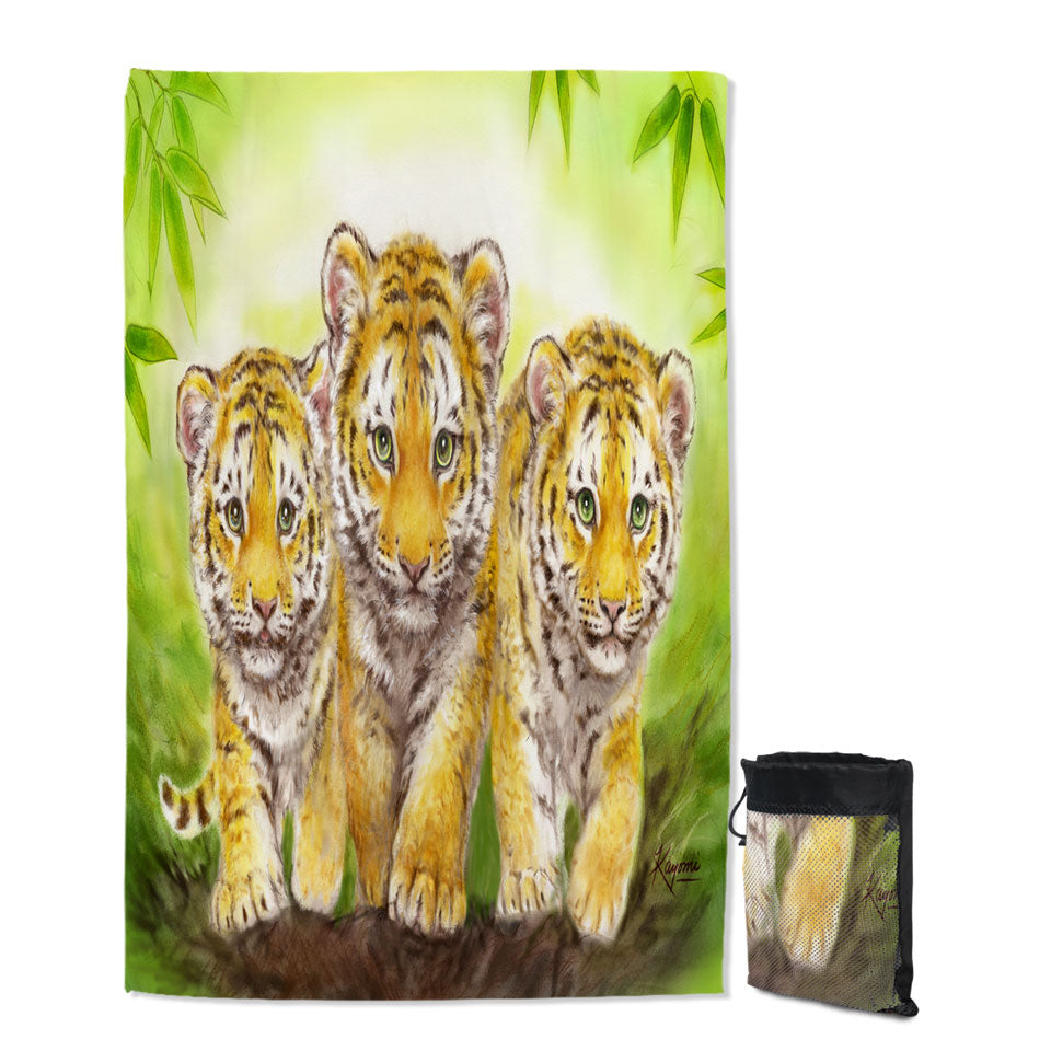 Cute Animal Drawings Three Brothers Tiger Cubs Unique Beach Towels