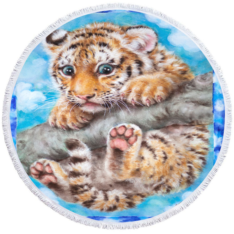 Cute Animal Drawings Tiger Cub Round Beach Towel