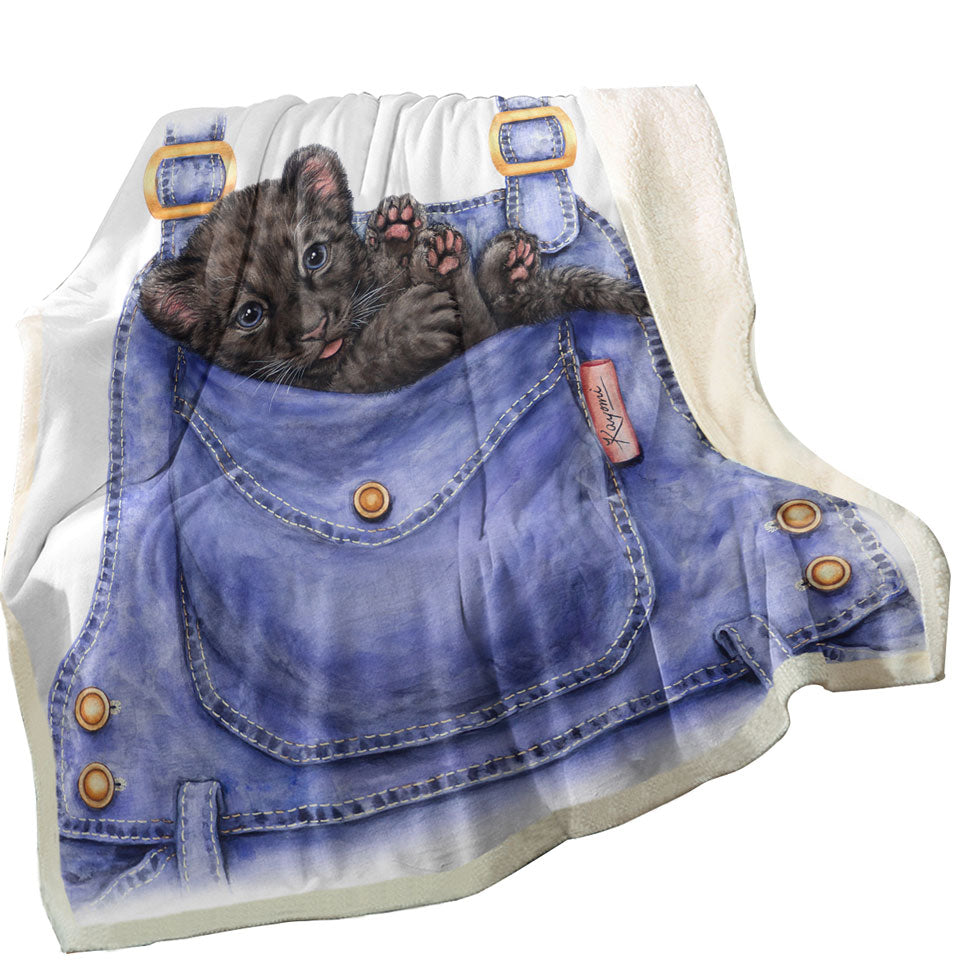 Cute Animal Fleece Blankets Art Black Panther Cub in a Pocket