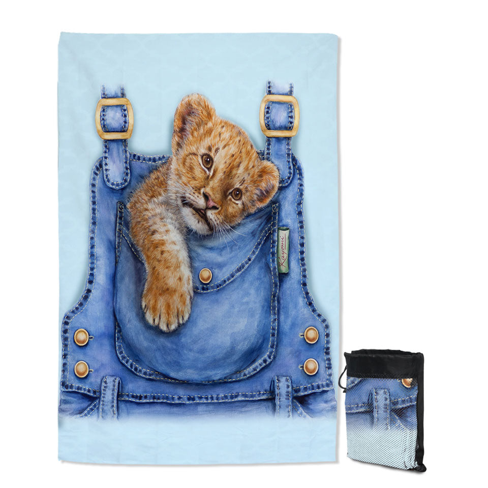 Cute Animal Lightweight Beach Towel Art Lion Cub Overall Pocket