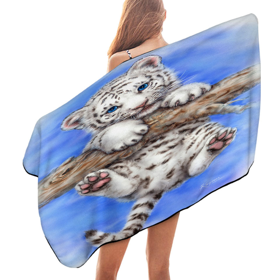 Cute Animal Lightweight Beach Towel Art White Tiger Cub Adventure