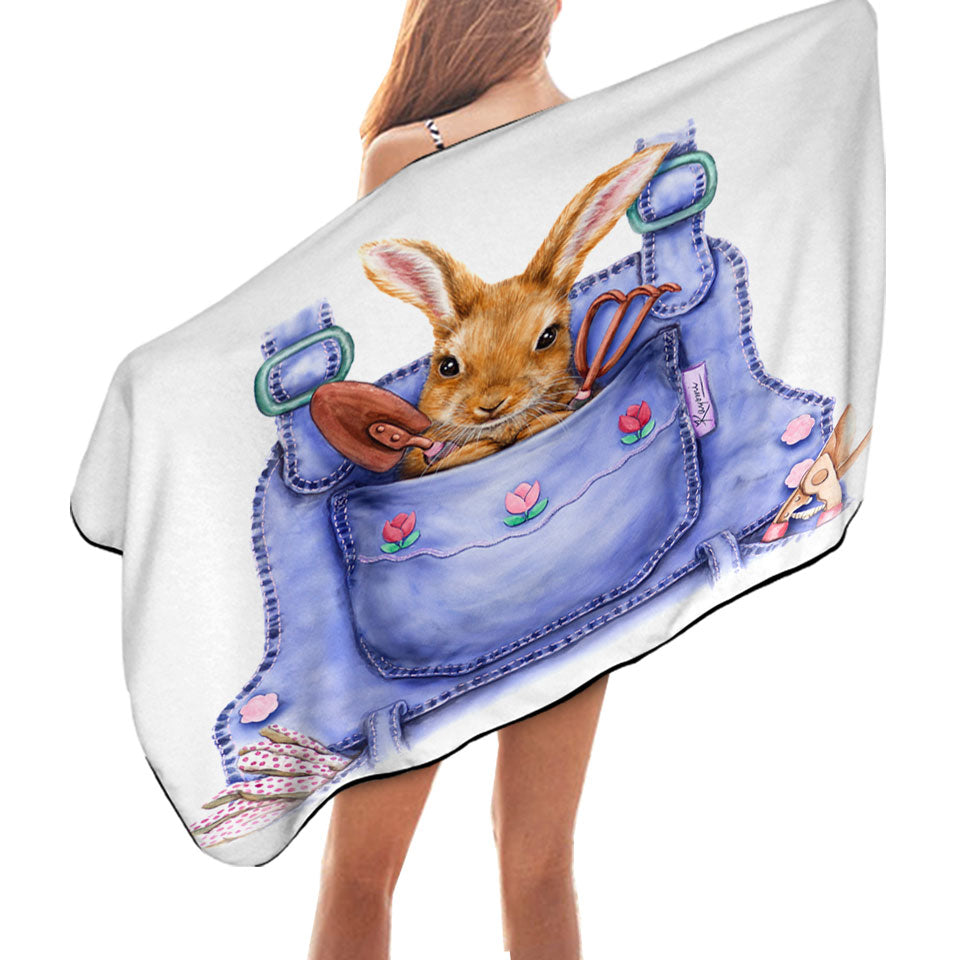 Cute Animal Microfiber Beach Towel Art Bunny Overall Pocket