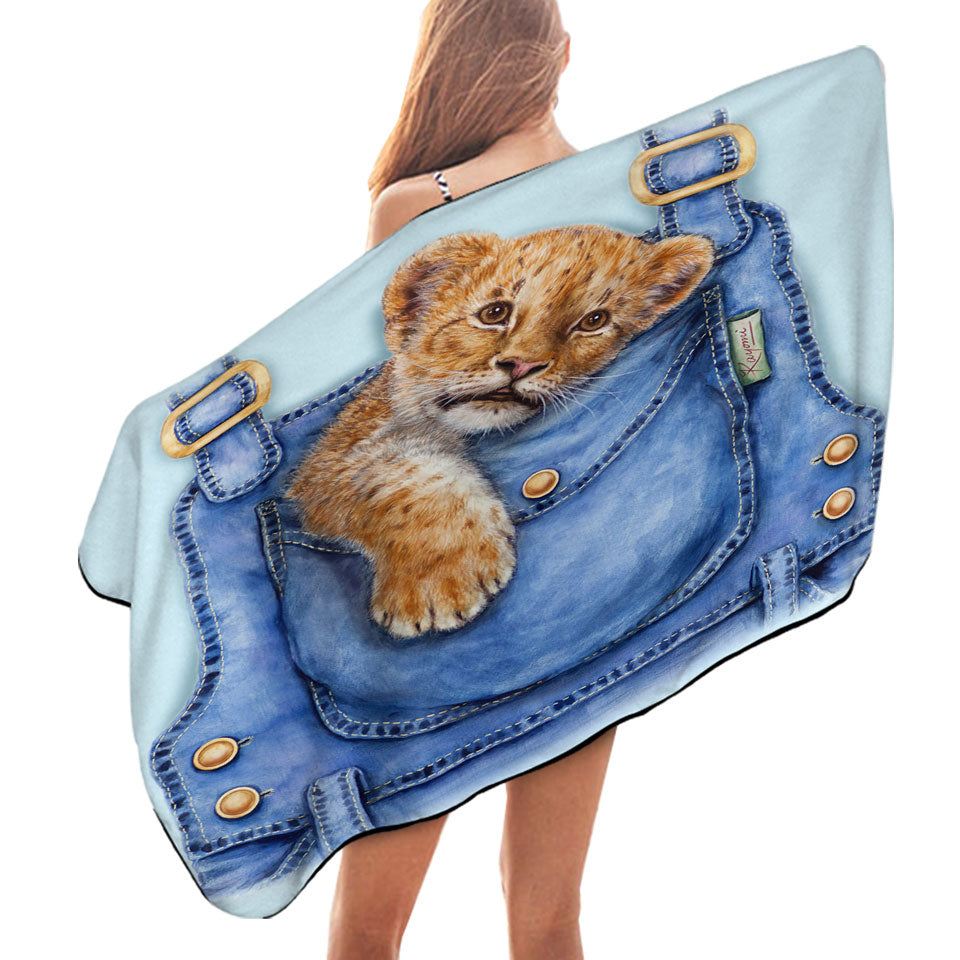 Cute Animal Microfiber Beach Towel Art Lion Cub Overall Pocket