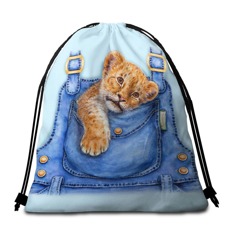 Cute Animal Packable Beach Towel Art Lion Cub Overall Pocket