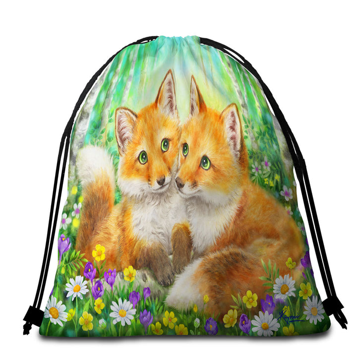Cute Animal Painting Fox Brothers and Flowers Beach Towels and Bags Set