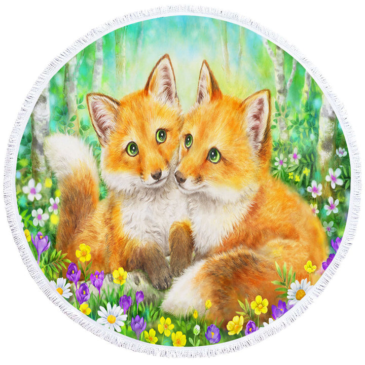 Cute Animal Painting Fox Brothers and Flowers Circle Beach Towel