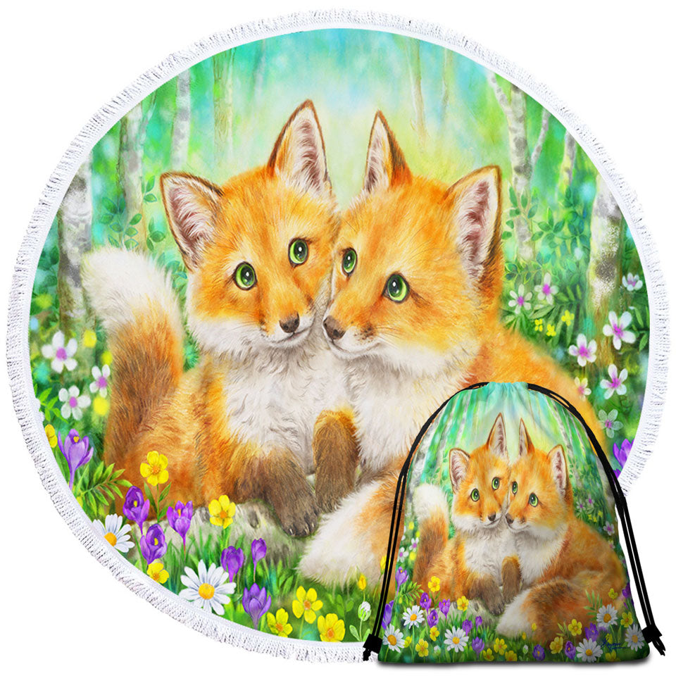 Cute Animal Painting Fox Brothers and Flowers Round Beach Towel