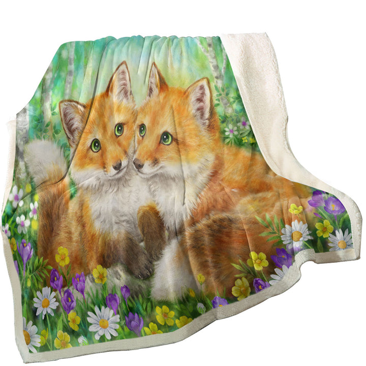 Cute Animal Painting Fox Brothers and Flowers Sherpa Blanket