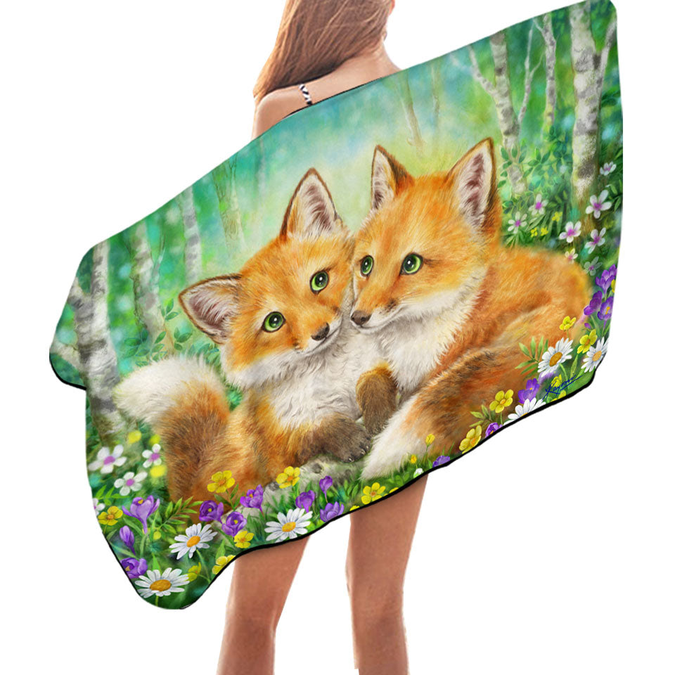 Cute Animal Painting Fox Brothers and Flowers Swims Towel