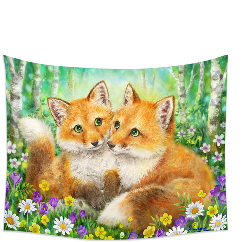 Cute Animal Painting Fox Brothers and Flowers Tapestry