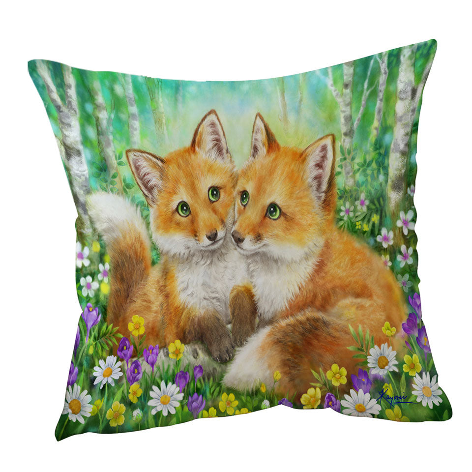 Cute Animal Painting Fox Brothers and Flowers Throw Pillows