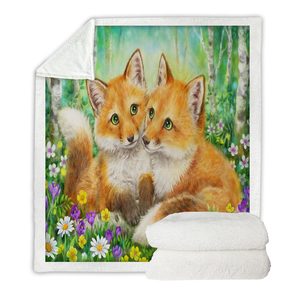 Cute Animal Painting Fox Brothers and Flowers Throws
