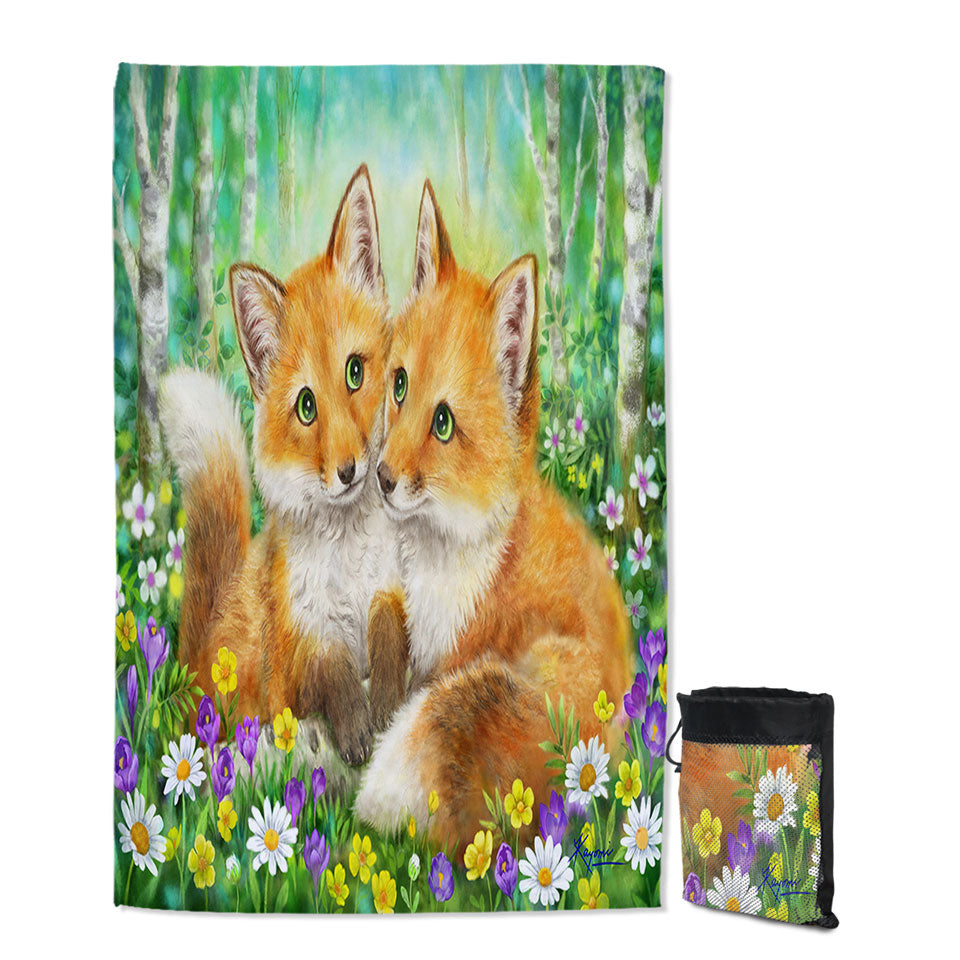 Cute Animal Painting Fox Brothers and Flowers Travel Beach Towel