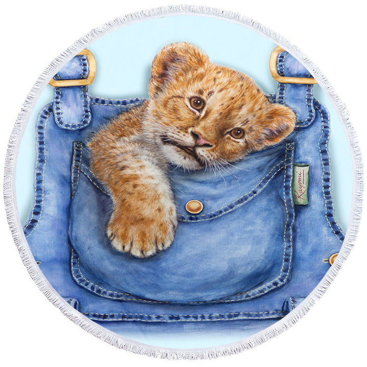 Cute Animal Round Beach Towel Art Lion Cub Overall Pocket