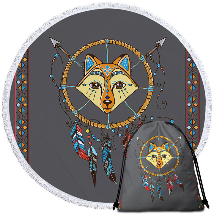 Cute Animal Round Beach Towel with Native Fox Dream Catcher for Kids