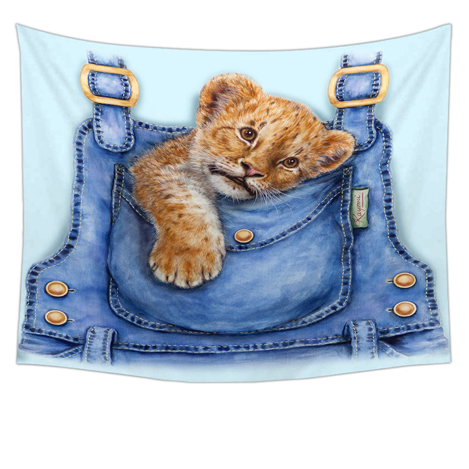 Cute Animal Tapestry Art Lion Cub Overall Pocket