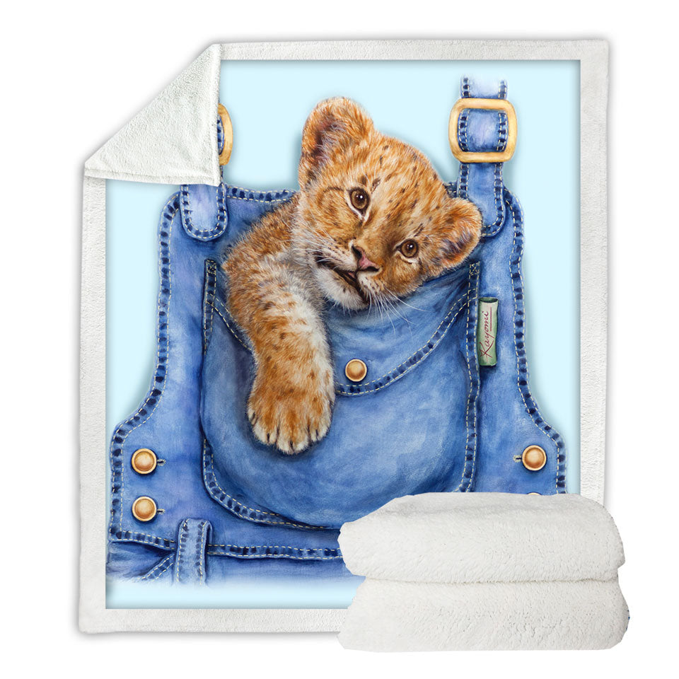 Cute Animal Throw Blanket Art Lion Cub Overall Pocket