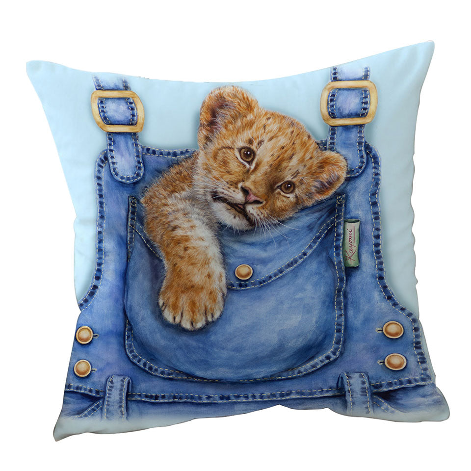 Cute Animal Throw Pillows Art Lion Cub Overall Pocket