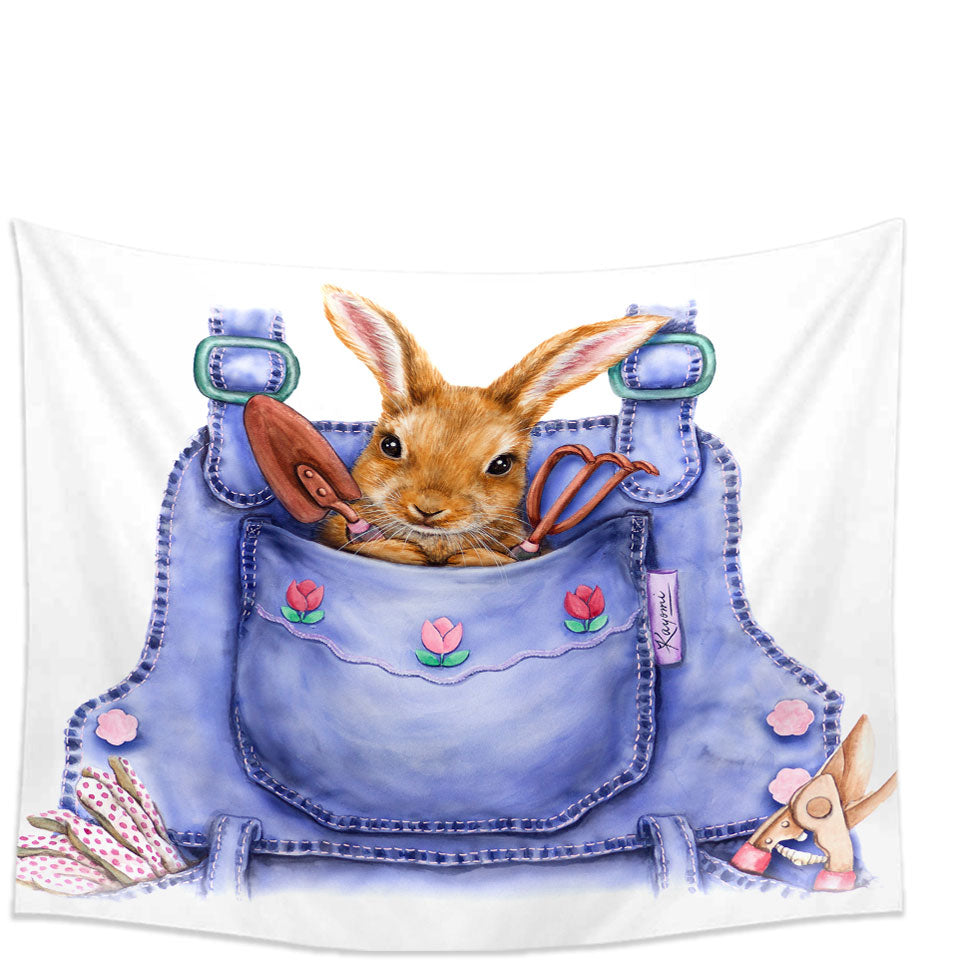 Cute Animal Wall Decor Tapestry Art Bunny Overall Pocket