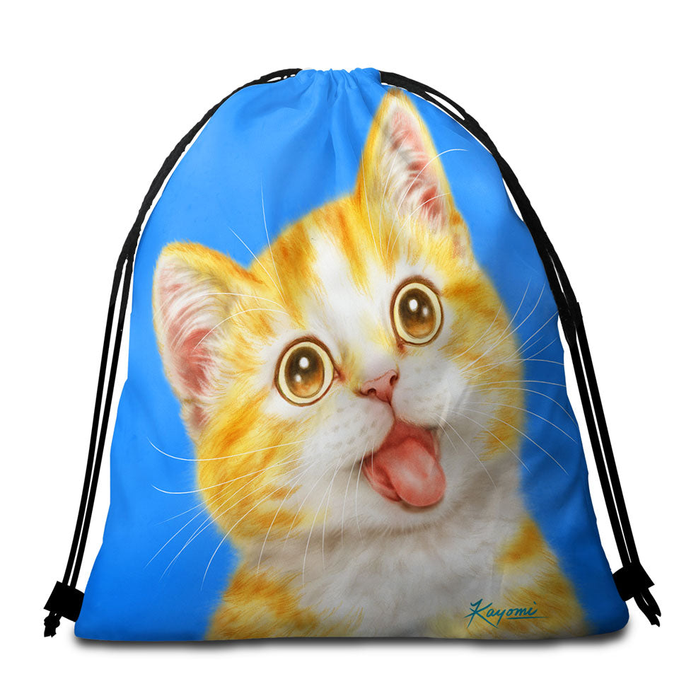 Cute Art Beach Towel Bags for Kids Happy Kitty Cat