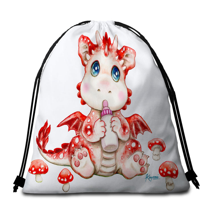 Cute Art Beach Towel Bags for Kids Red Mushrooms and Dragon