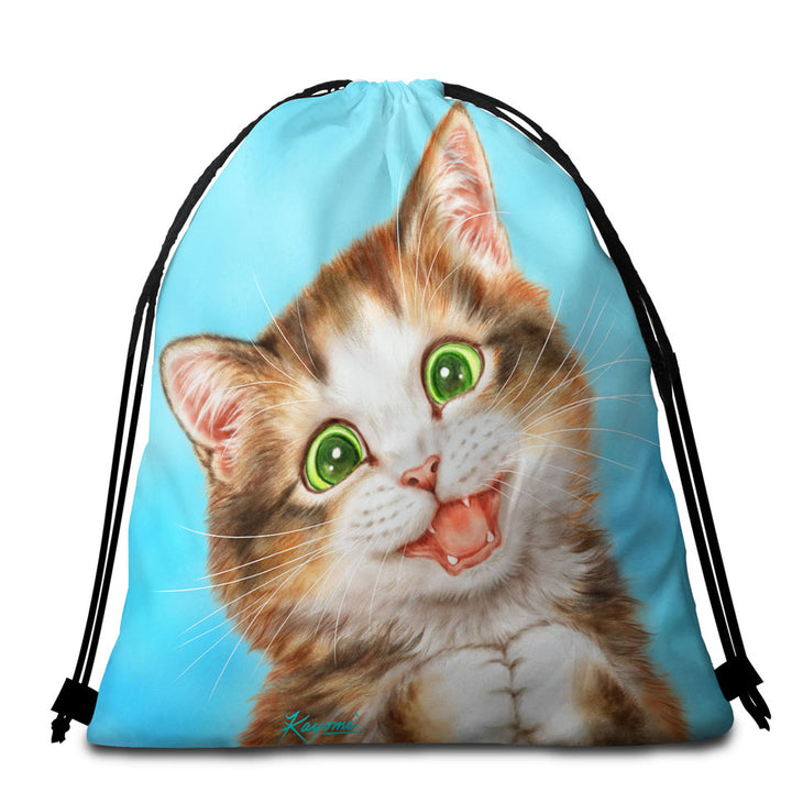 Cute Art Beach Towel Bags for Kids Sweet Innocent Kitty Cat