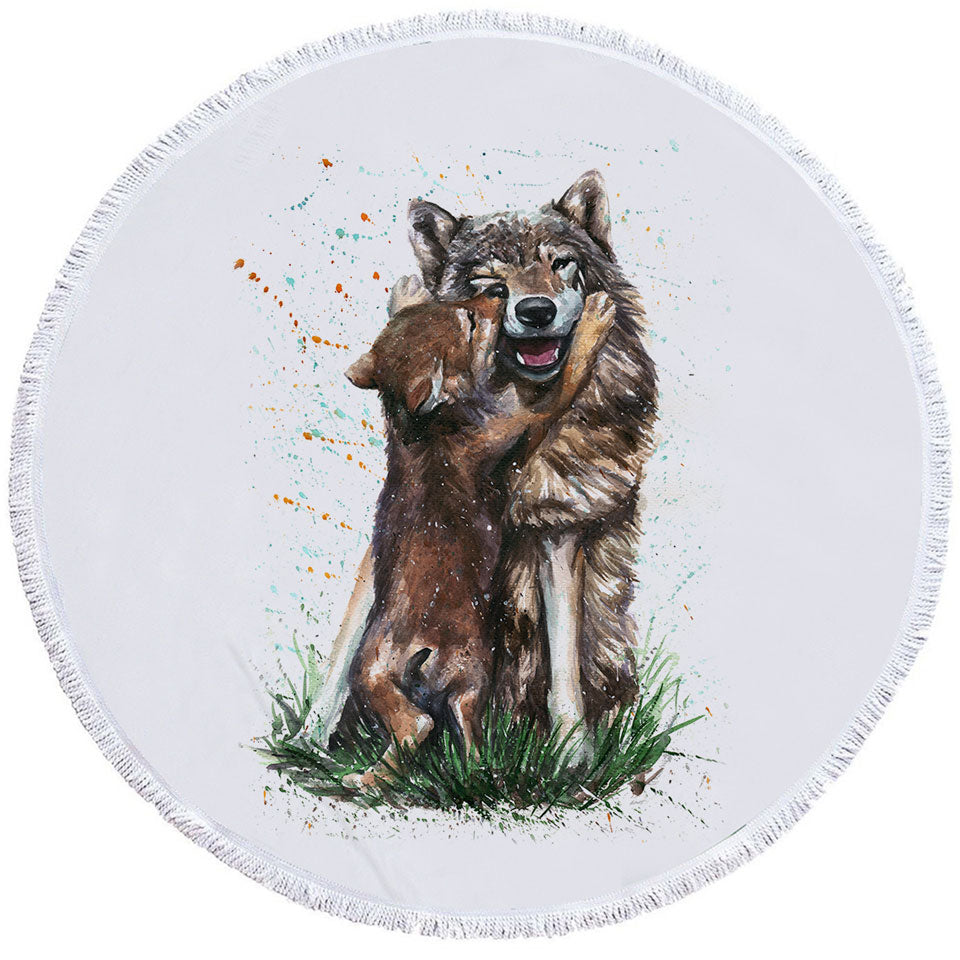 Cute Art Beach Towels Painting Momma Wolf and her Pup