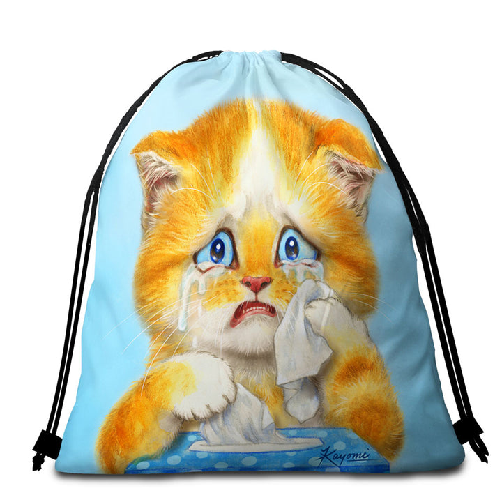Cute Art Beach Towels and Bags Set Crying Sweet Little Kitty Cat