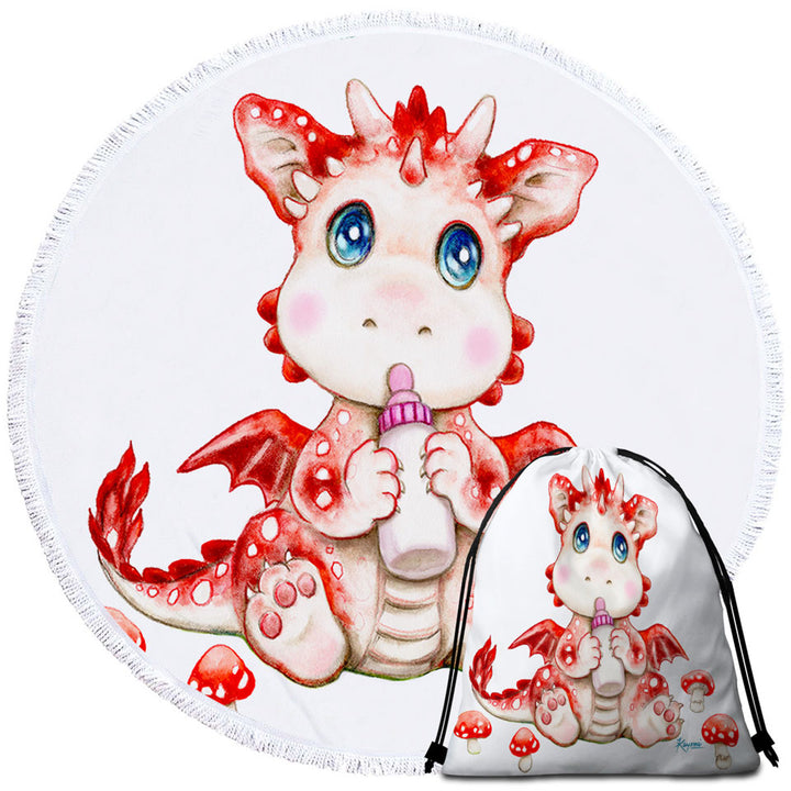 Cute Art Beach Towels for Kids Red Mushrooms and Dragon