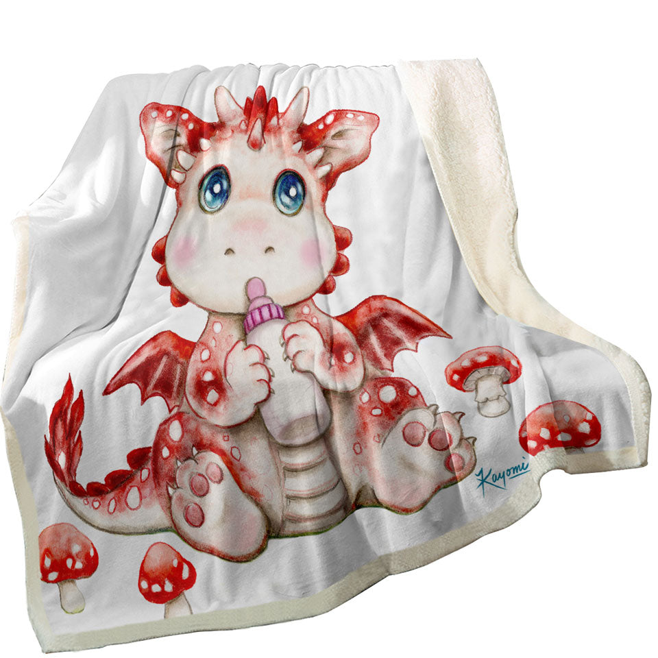 Cute Art Blanket for Kids Red Mushrooms and Dragon