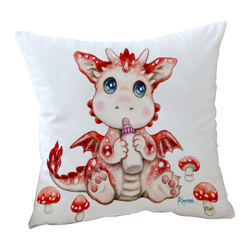 Cute Art Cushion for Kids Red Mushrooms and Dragon
