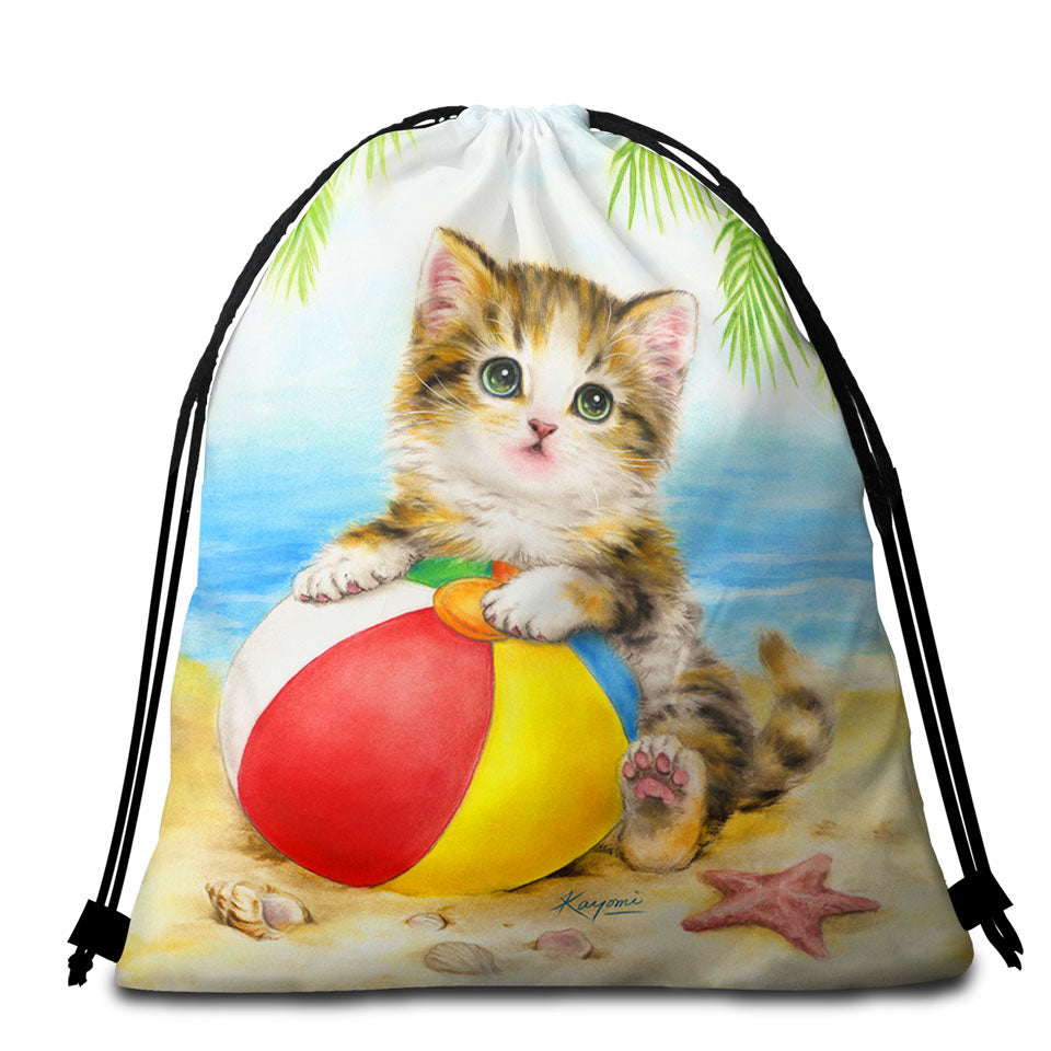 Cute Art Designs Beach Towel Bags for Children Kitten Beach Time