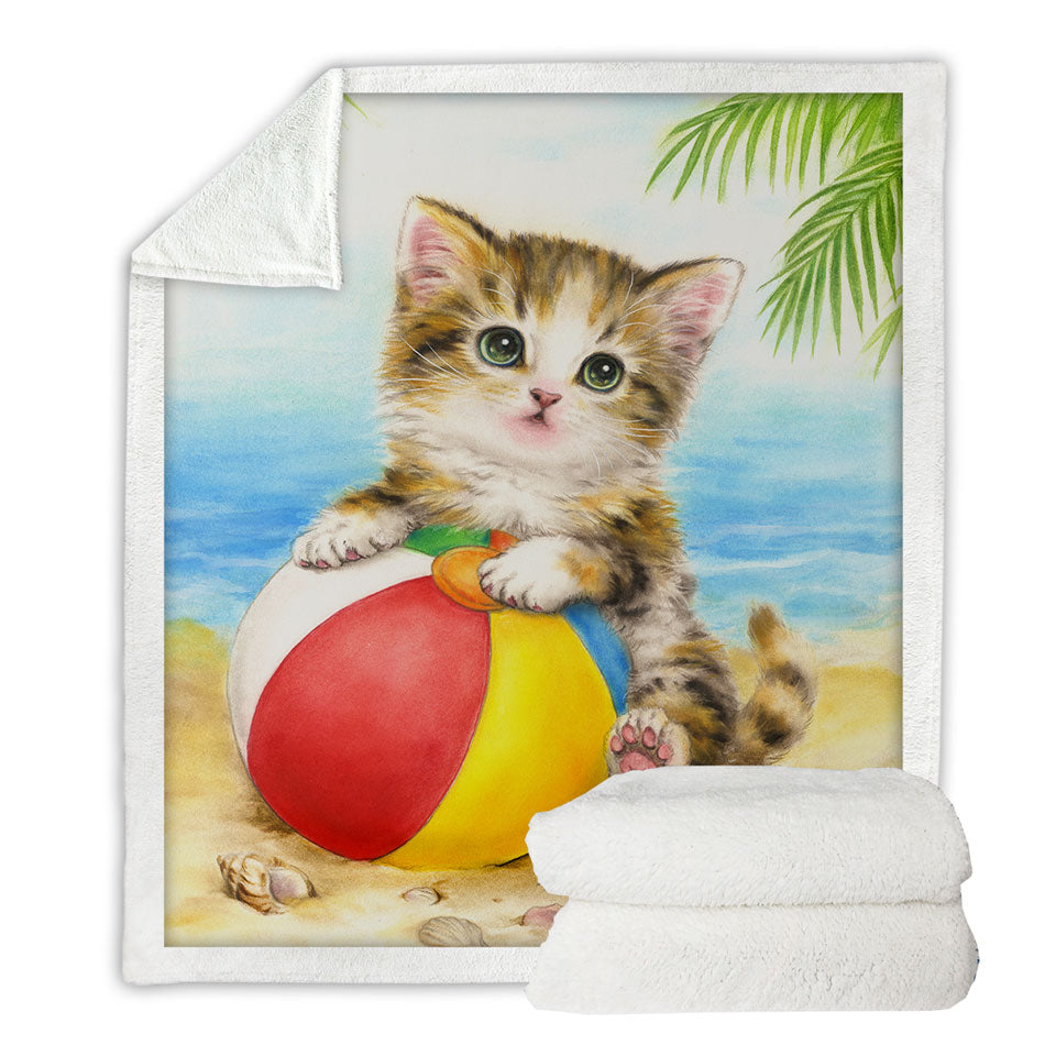 Cute Art Designs Fleece Blankets for Children Kitten Beach Time