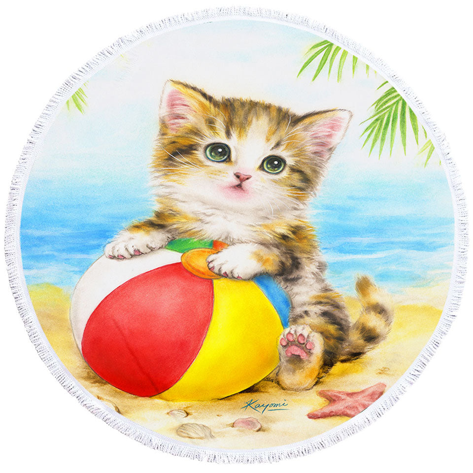 Cute Art Designs Round Beach Towel for Children Kitten Beach Time