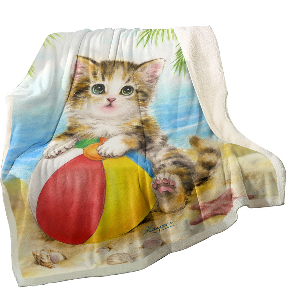 Cute Art Designs Sherpa Blankets for Children Kitten Beach Time