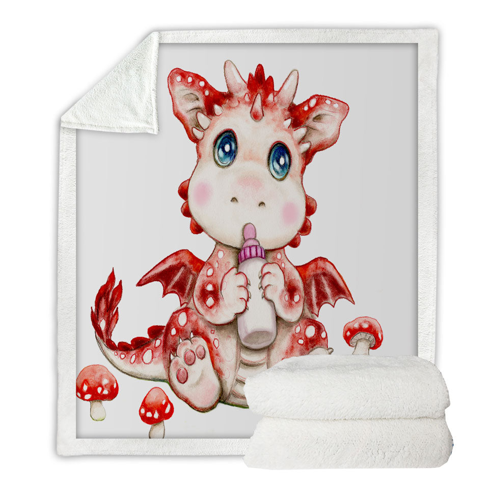 Cute Art Lightweight Blankets for Kids Red Mushrooms and Dragon