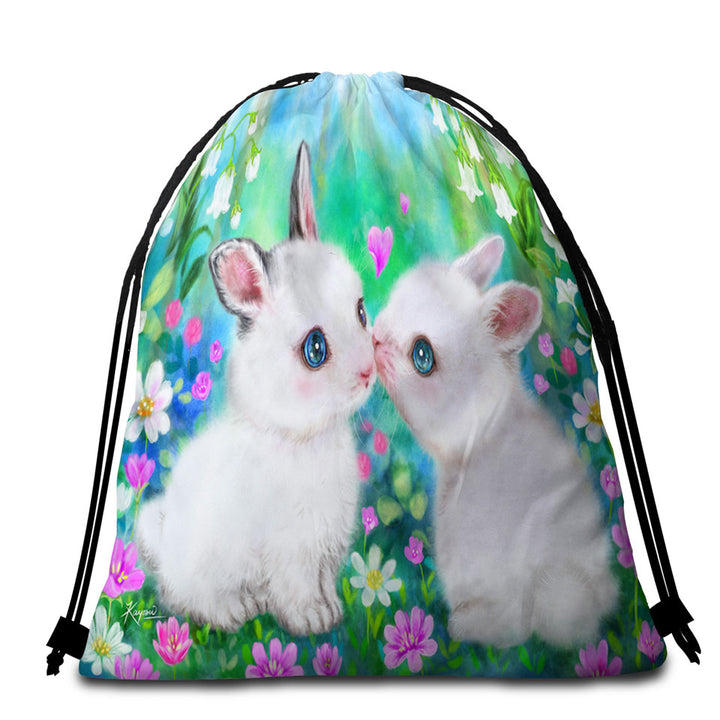 Cute Art Paintings Flower Garden Bunnies Beach Towels and Bags Set