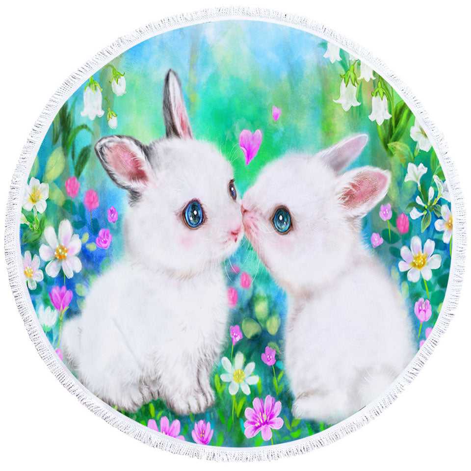 Cute Art Paintings Flower Garden Bunnies Round Beach Towel