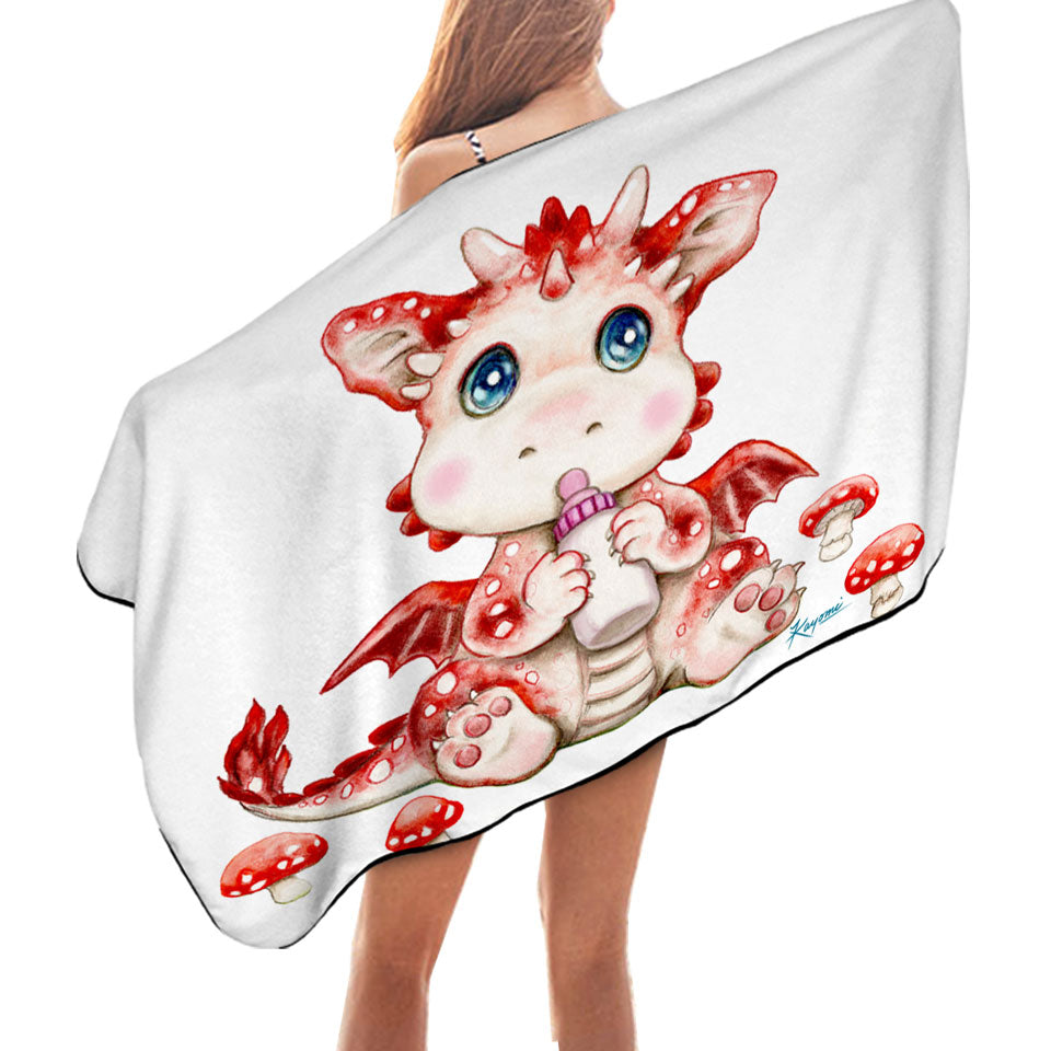 Cute Art Pool Towels for Kids Red Mushrooms and Dragon