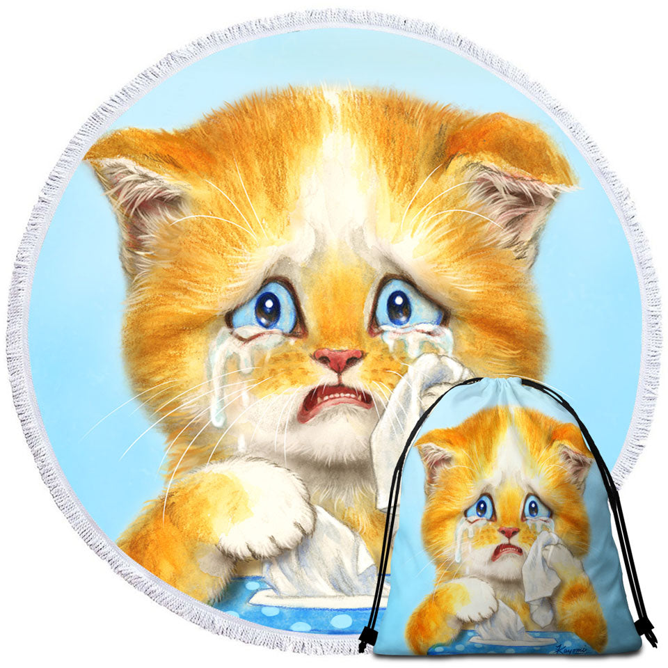 Cute Art Round Beach Towel Crying Sweet Little Kitty Cat