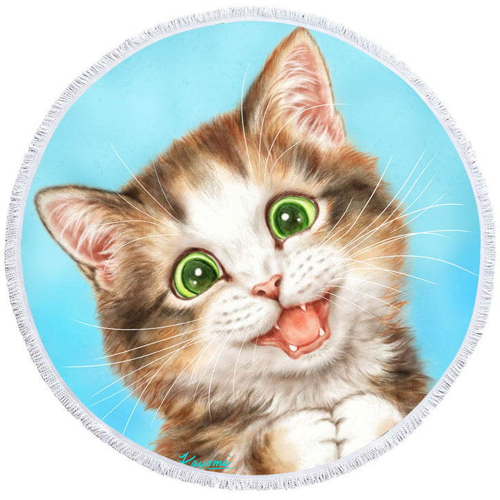 Cute Art Round Beach Towel for Kids Sweet Innocent Kitty Cat